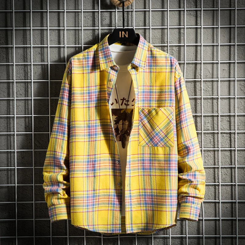 Chemise en coton à manches longues pour homme, vêtement à la mode, avec poche unique, doux et décontracté, à carreaux
