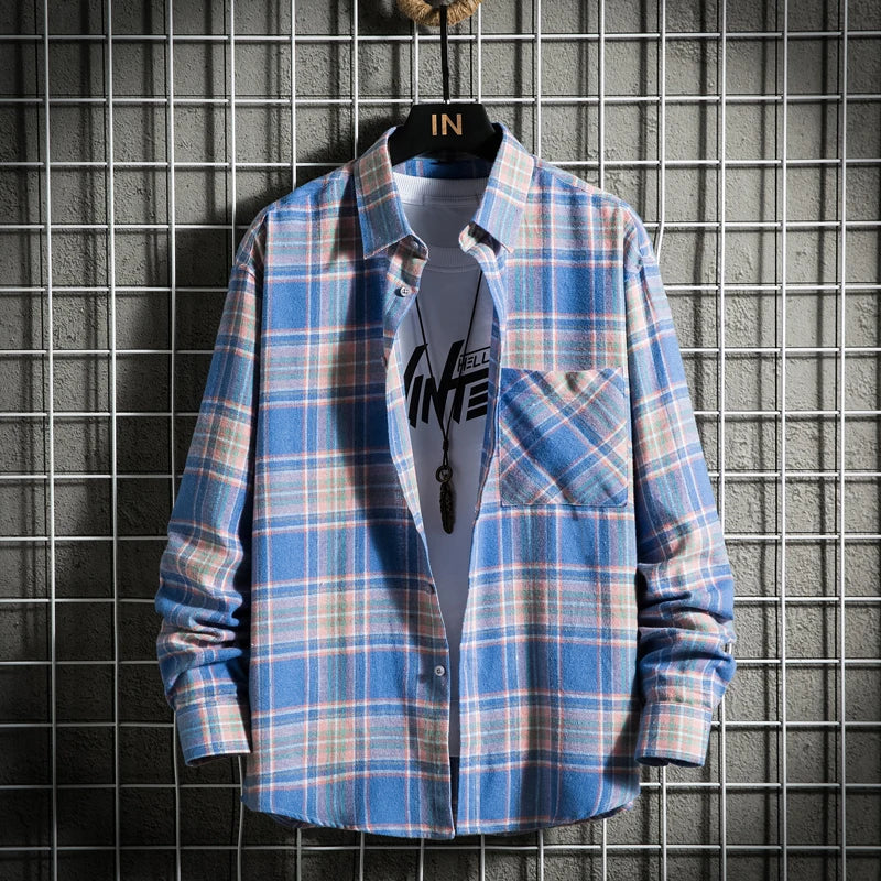 Chemise en coton à manches longues pour homme, vêtement à la mode, avec poche unique, doux et décontracté, à carreaux
