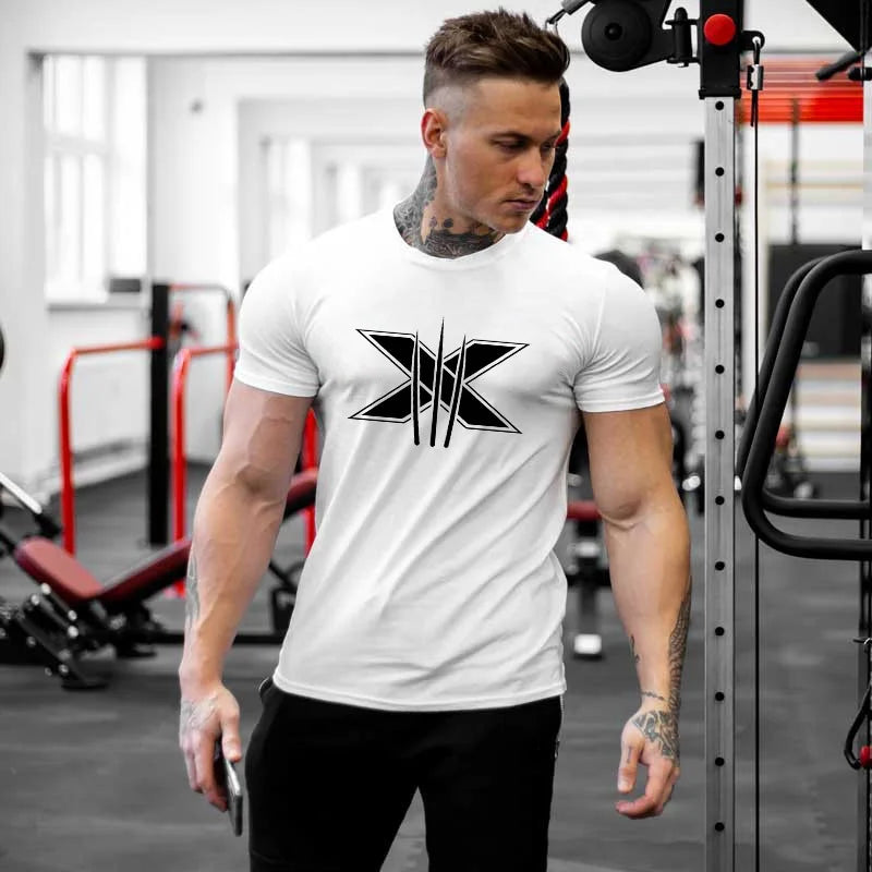 Vêtements de sport pour hommes, T-shirt à manches courtes en coton, Slim, imprimé, pour course à pied, entraînement, hauts décontractés