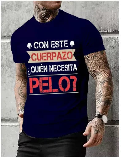 Vêtements pour hommes - T-shirt humoristique pour hommes avec texte en espagnol - Camiseta Novelty à manches courtes - T-shirt humoristique avec inscription « This Great Body Who Needs Hair »