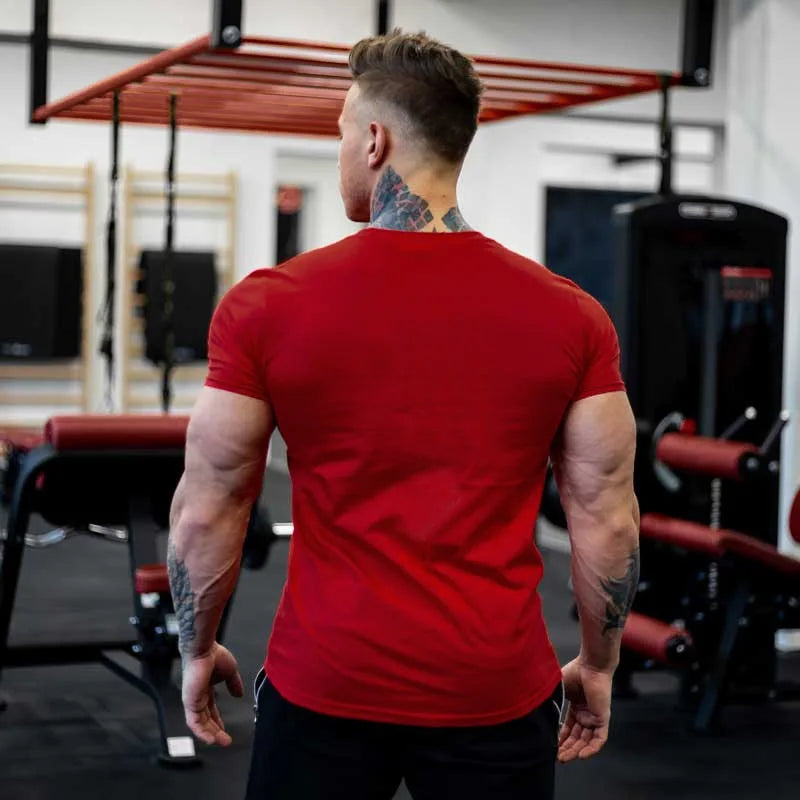 Vêtements de sport pour hommes, T-shirt à manches courtes en coton, Slim, imprimé, pour course à pied, entraînement, hauts décontractés
