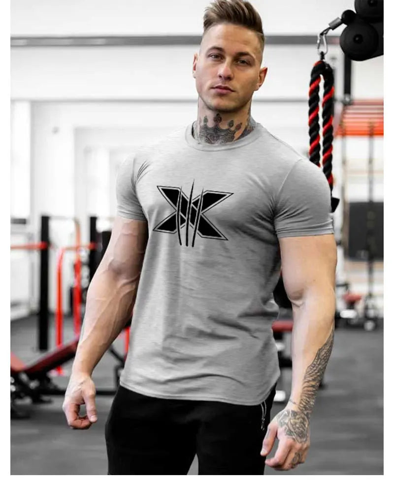 Vêtements de sport pour hommes, T-shirt à manches courtes en coton, Slim, imprimé, pour course à pied, entraînement, hauts décontractés